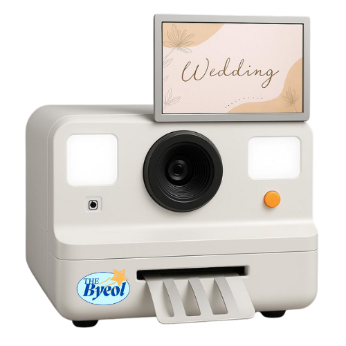 Compact camera-shaped portable booth with top screen