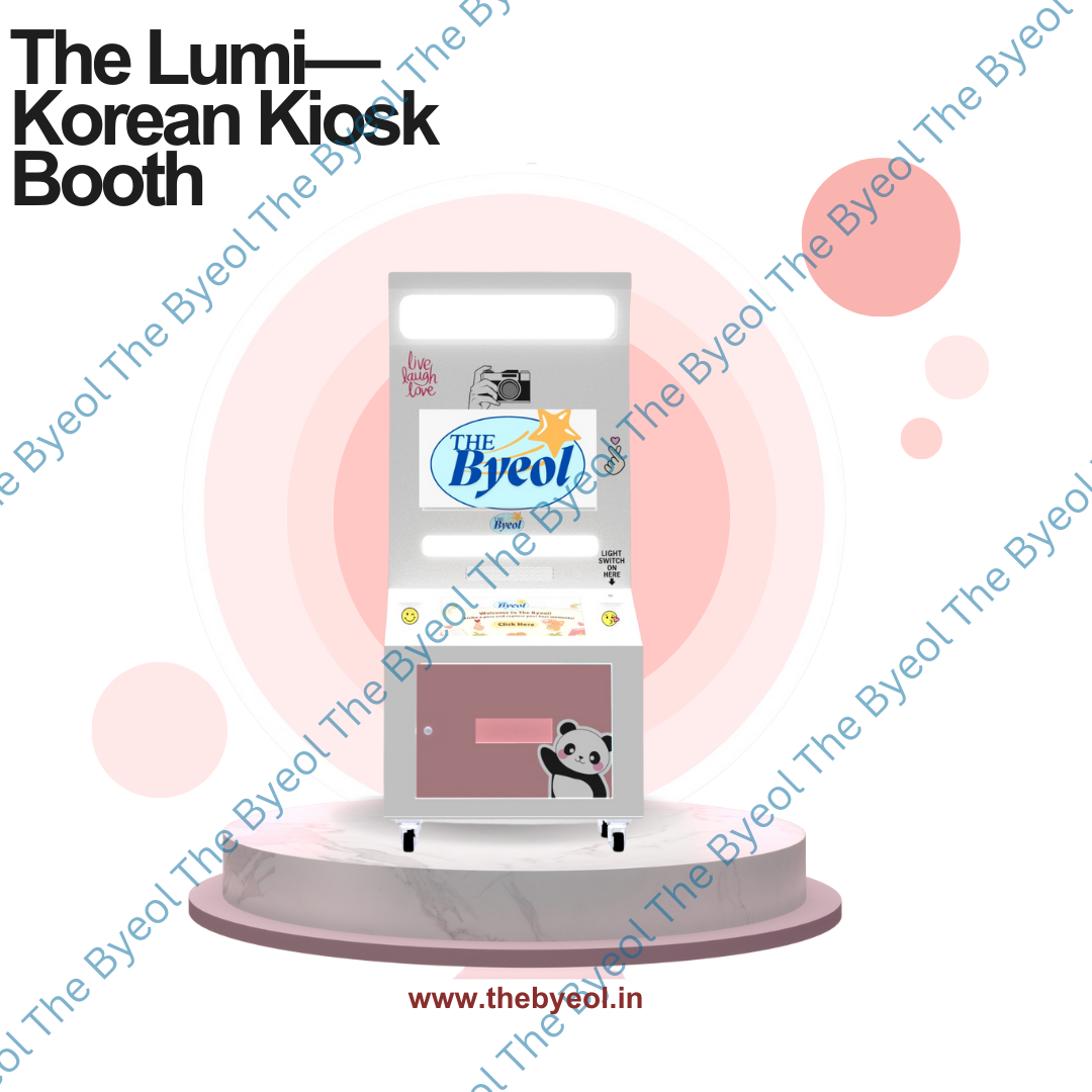 Korean kiosk booth graphic on pink podium